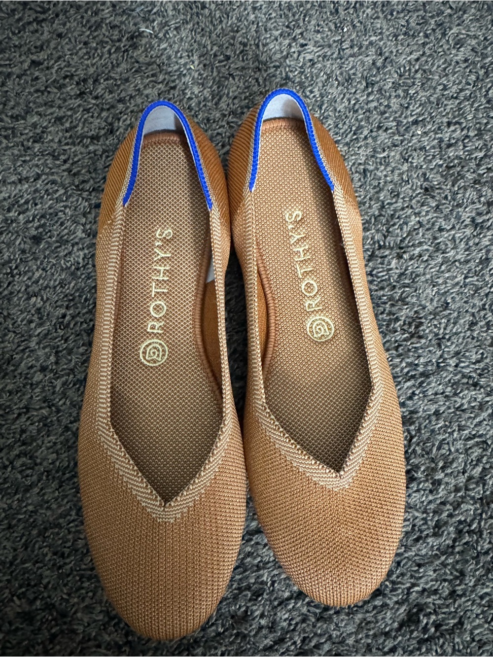 Rothy's Tan Knit Slip-On Flats with Blue Trim
